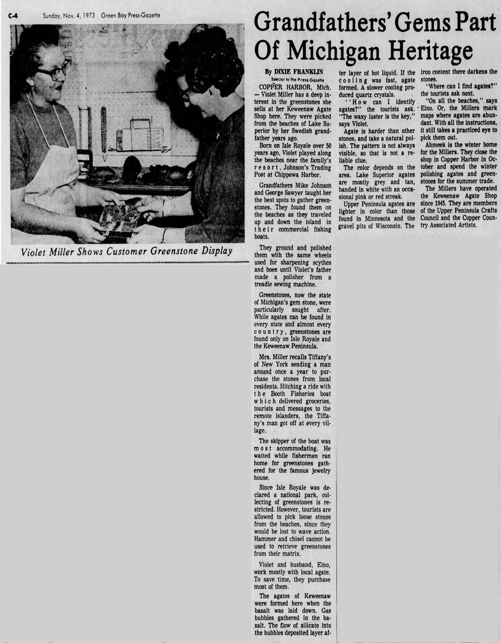 Keweenaw Agate Shop - November 4 1973 Article